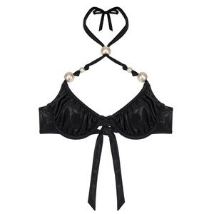 God Save Queens Womens Coralia Pearl Shimmer Underwire Halter Bikini Top Black M